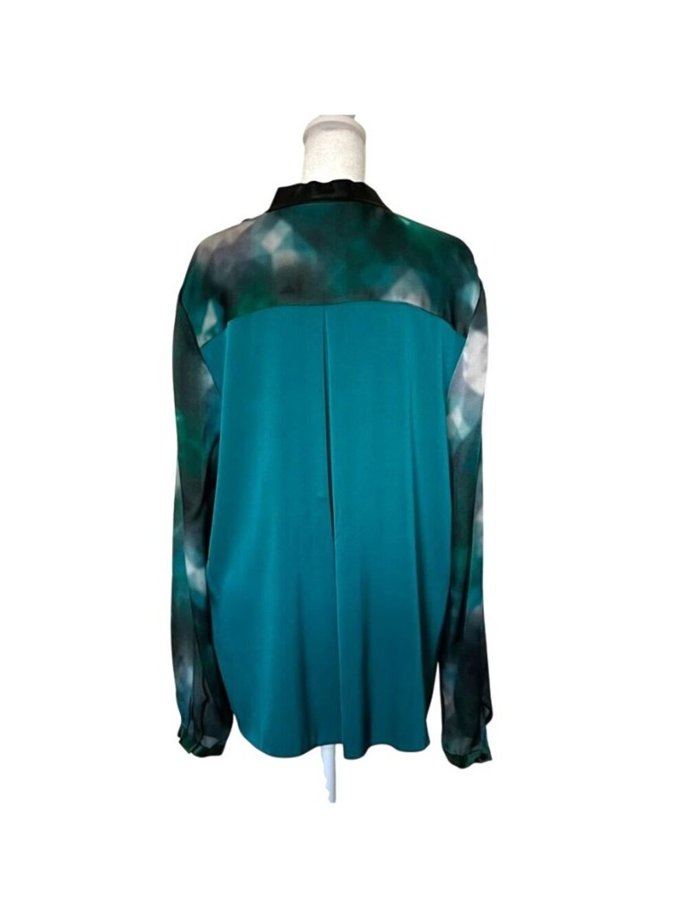 Elie Tahari Silk Blouse Leather Collar Emerald Abstract Print Quiet Luxury L - Picture 3 of 13